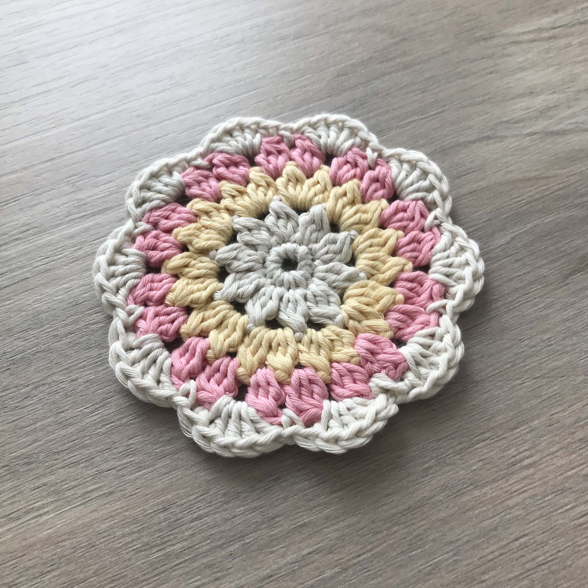 100% Organic Cotton Crochet Coaster - Cream, Yellow, Pink & Cream