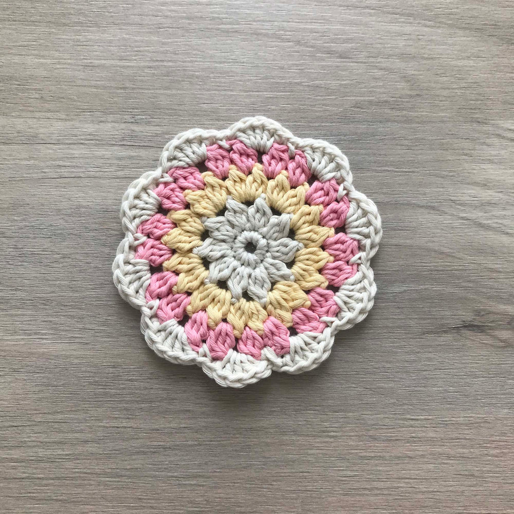 100% Organic Cotton Crochet Coaster - Cream, Yellow, Pink & Cream
