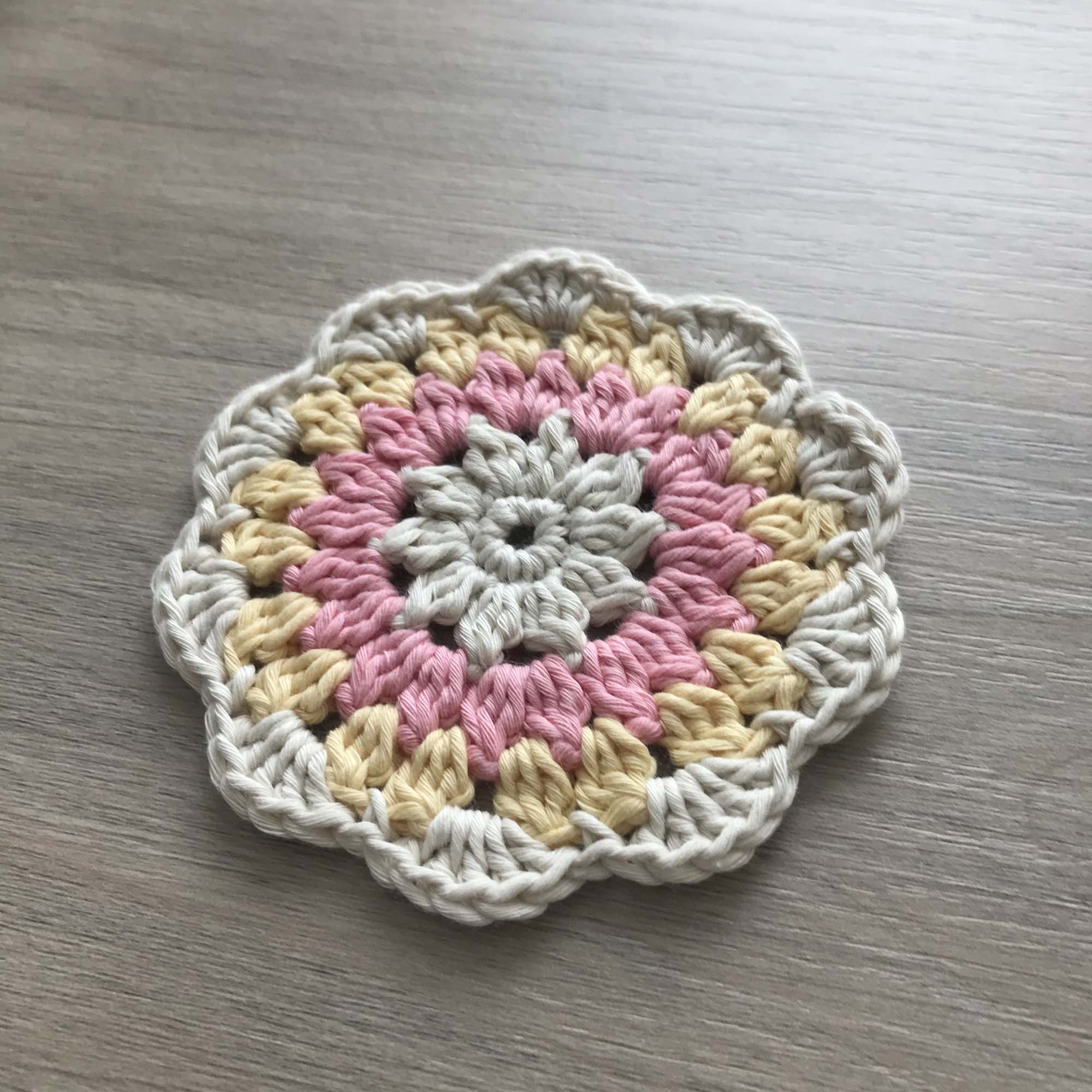 100% Organic Cotton Crochet Coaster - Cream, Pink, Yellow & Cream