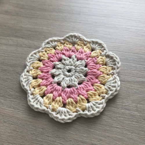 100% Organic Cotton Crochet Coaster - Cream, Pink, Yellow & Cream