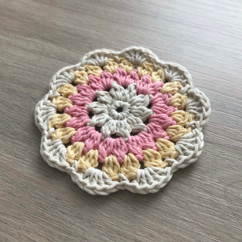 100% Organic Cotton Crochet Coaster - Cream, Pink, Yellow & Cream