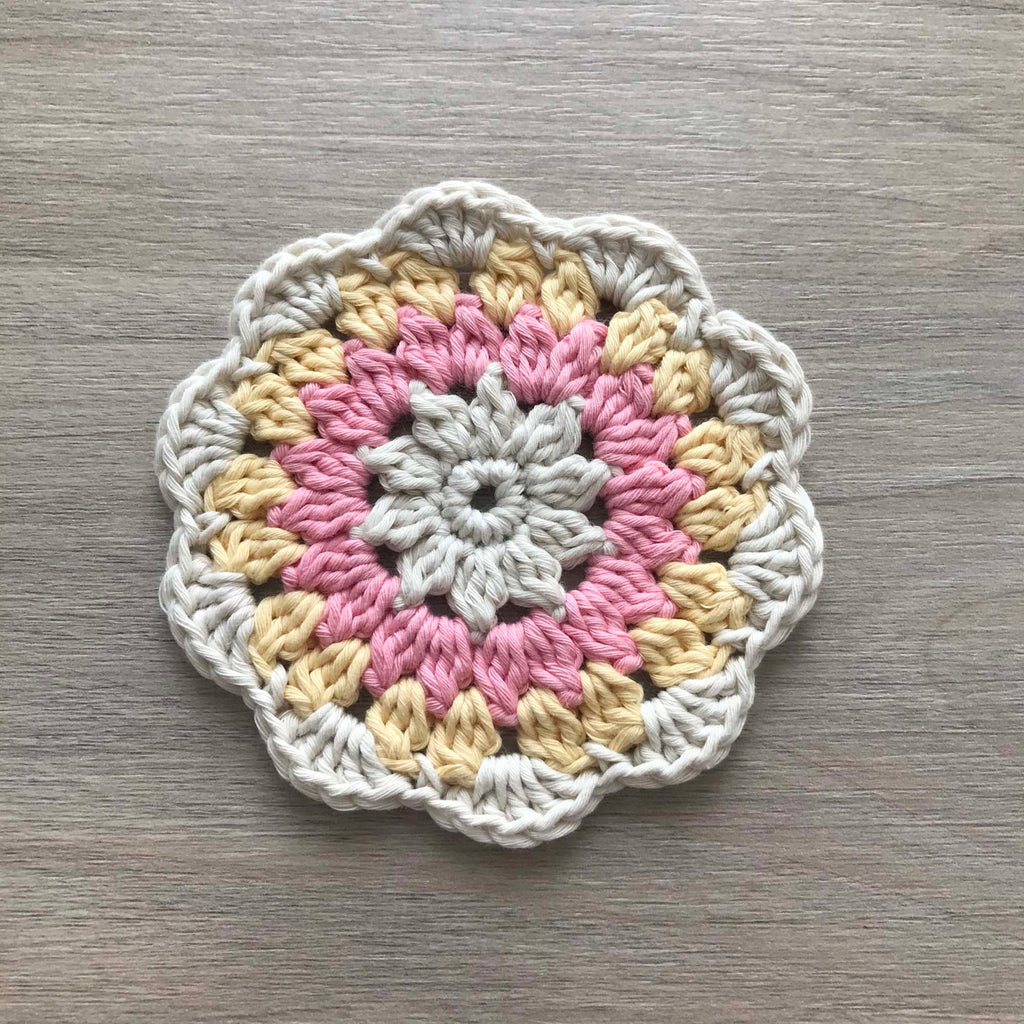 100% Organic Cotton Crochet Coaster - Cream, Pink, Yellow & Cream