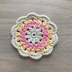 100% Organic Cotton Crochet Coaster - Cream, Pink, Yellow & Cream