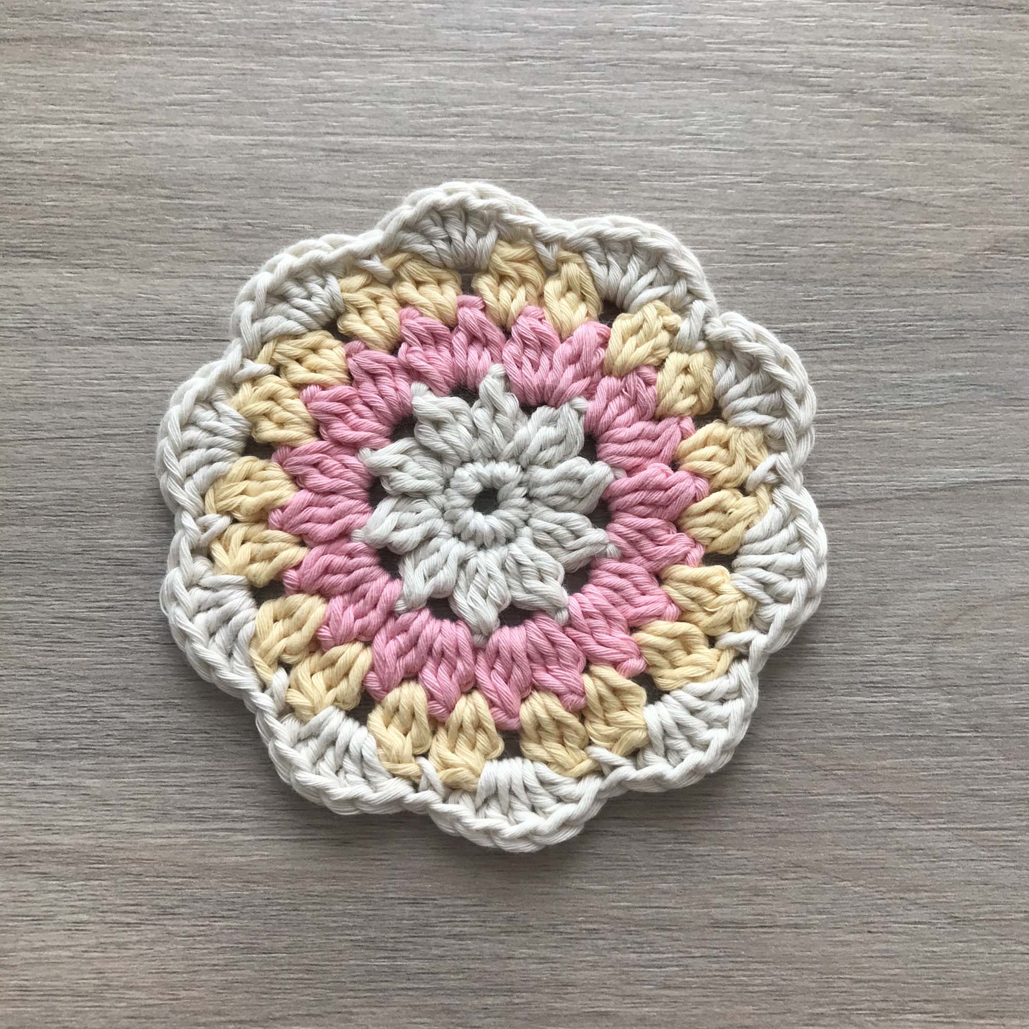 100% Organic Cotton Crochet Coaster - Cream, Pink, Yellow & Cream