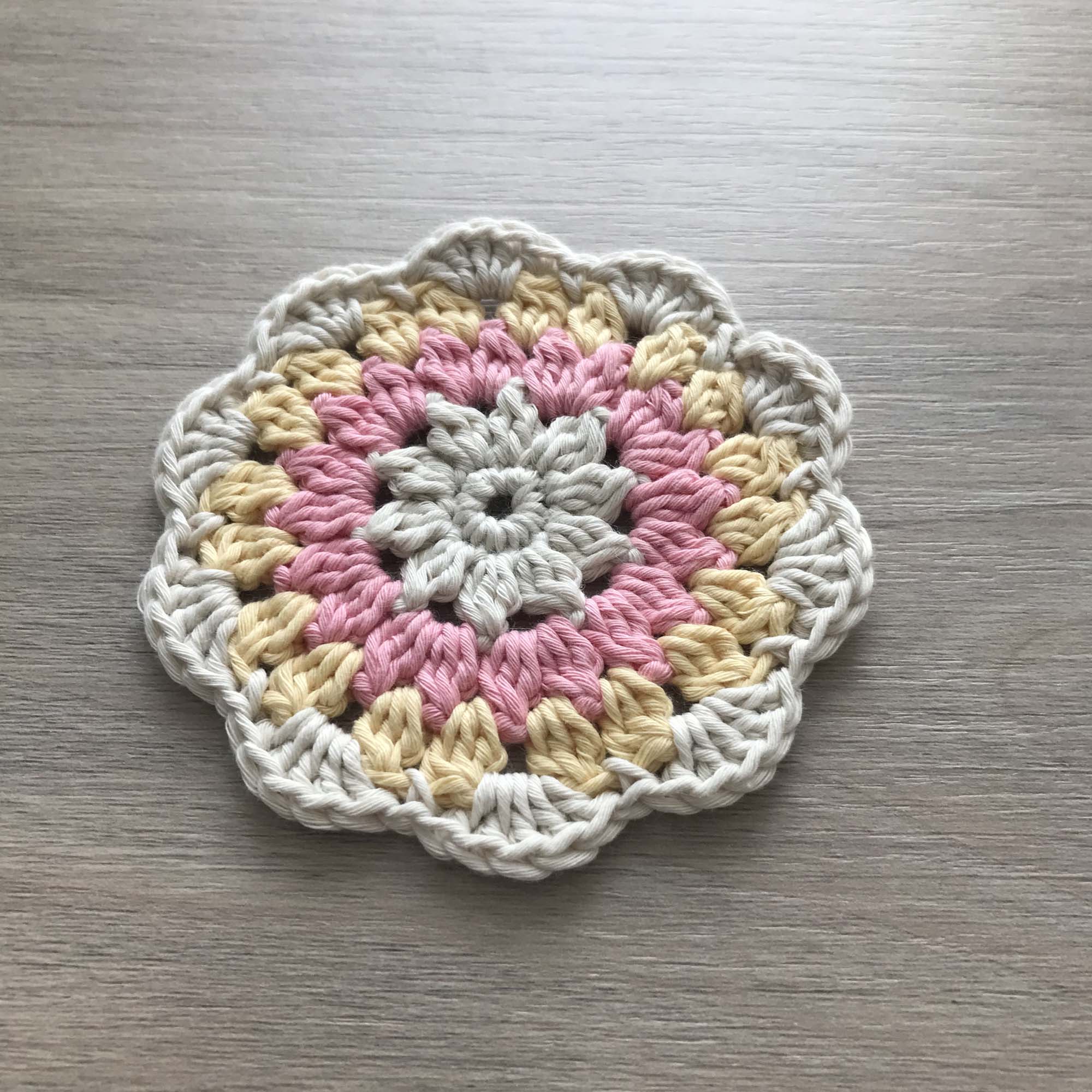 100% Organic Cotton Crochet Coaster - Cream, Pink, Yellow & Cream