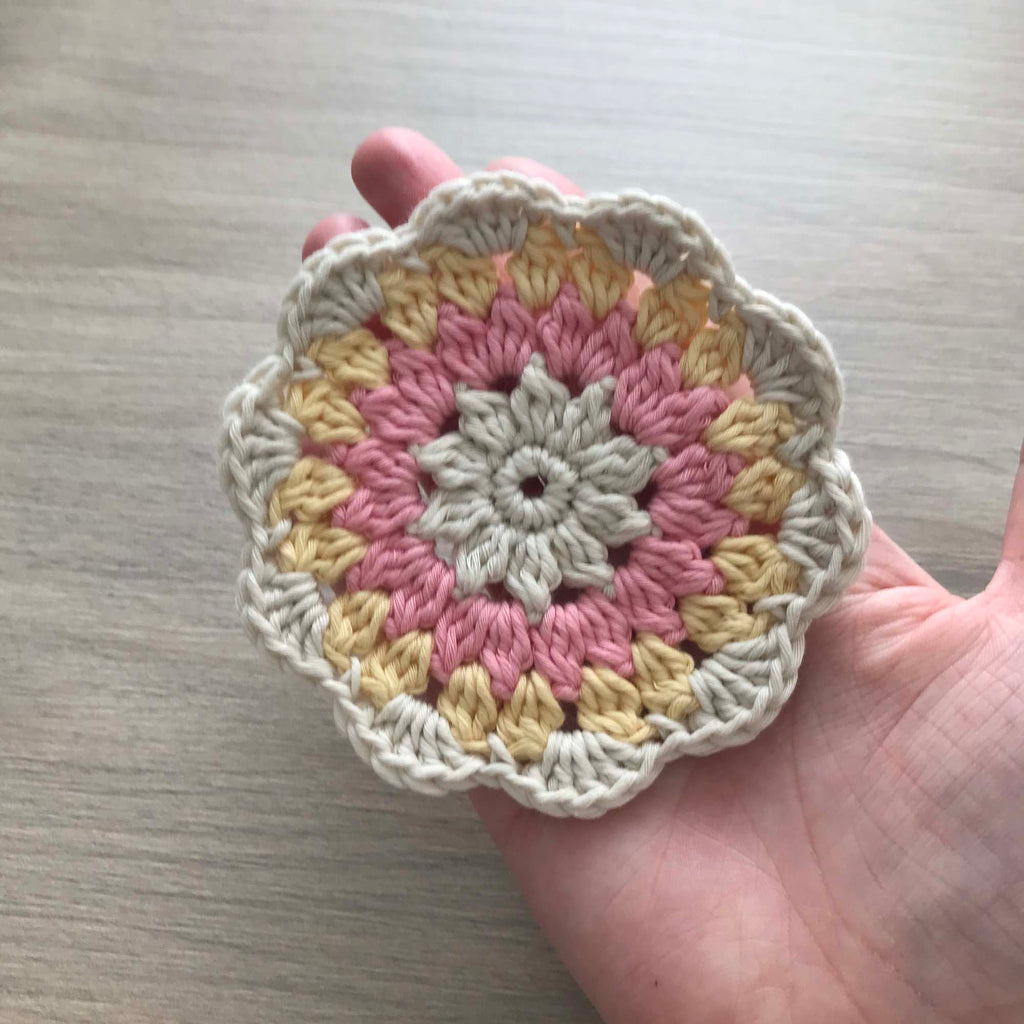 100% Organic Cotton Crochet Coaster - Cream, Pink, Yellow & Cream