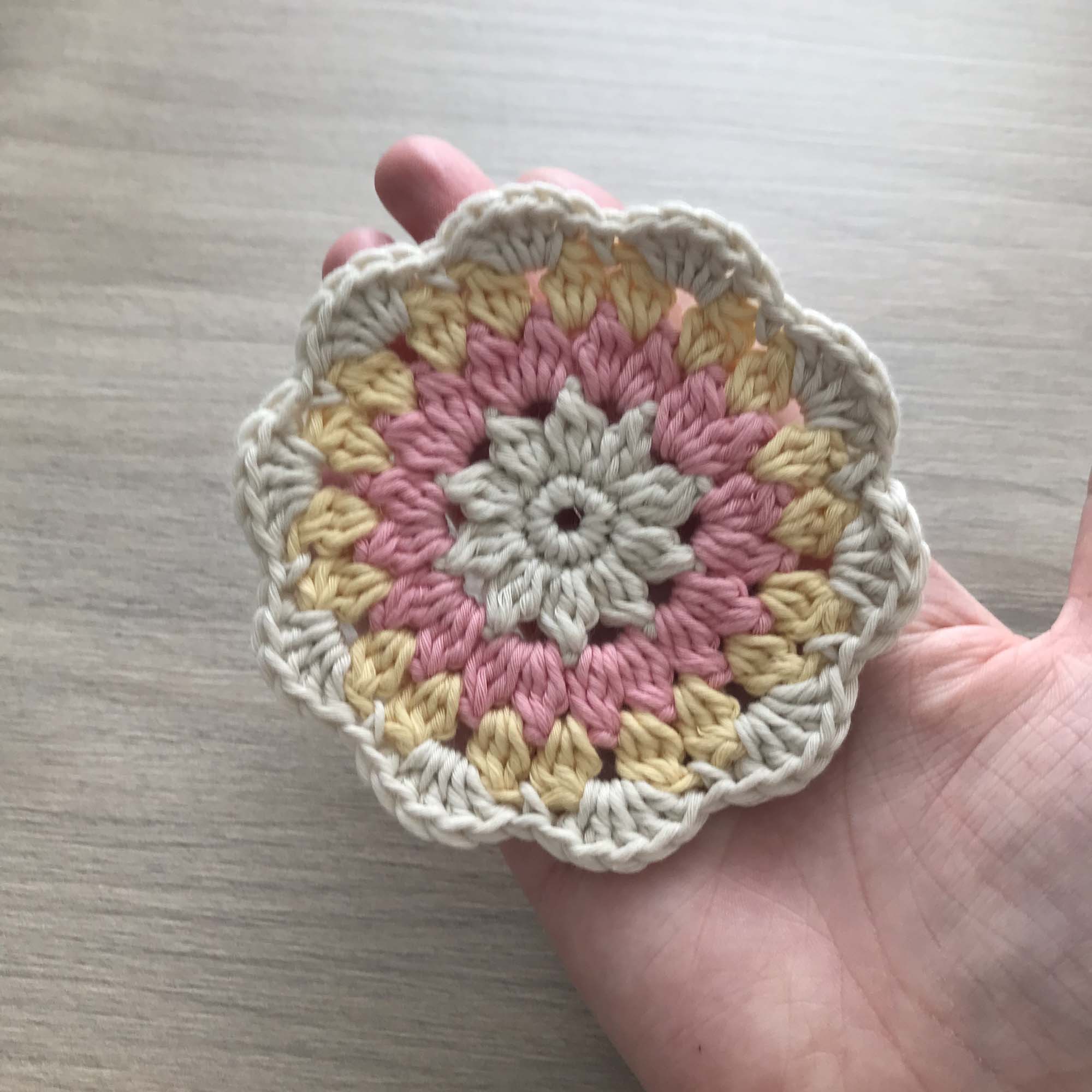 100% Organic Cotton Crochet Coaster - Cream, Pink, Yellow & Cream