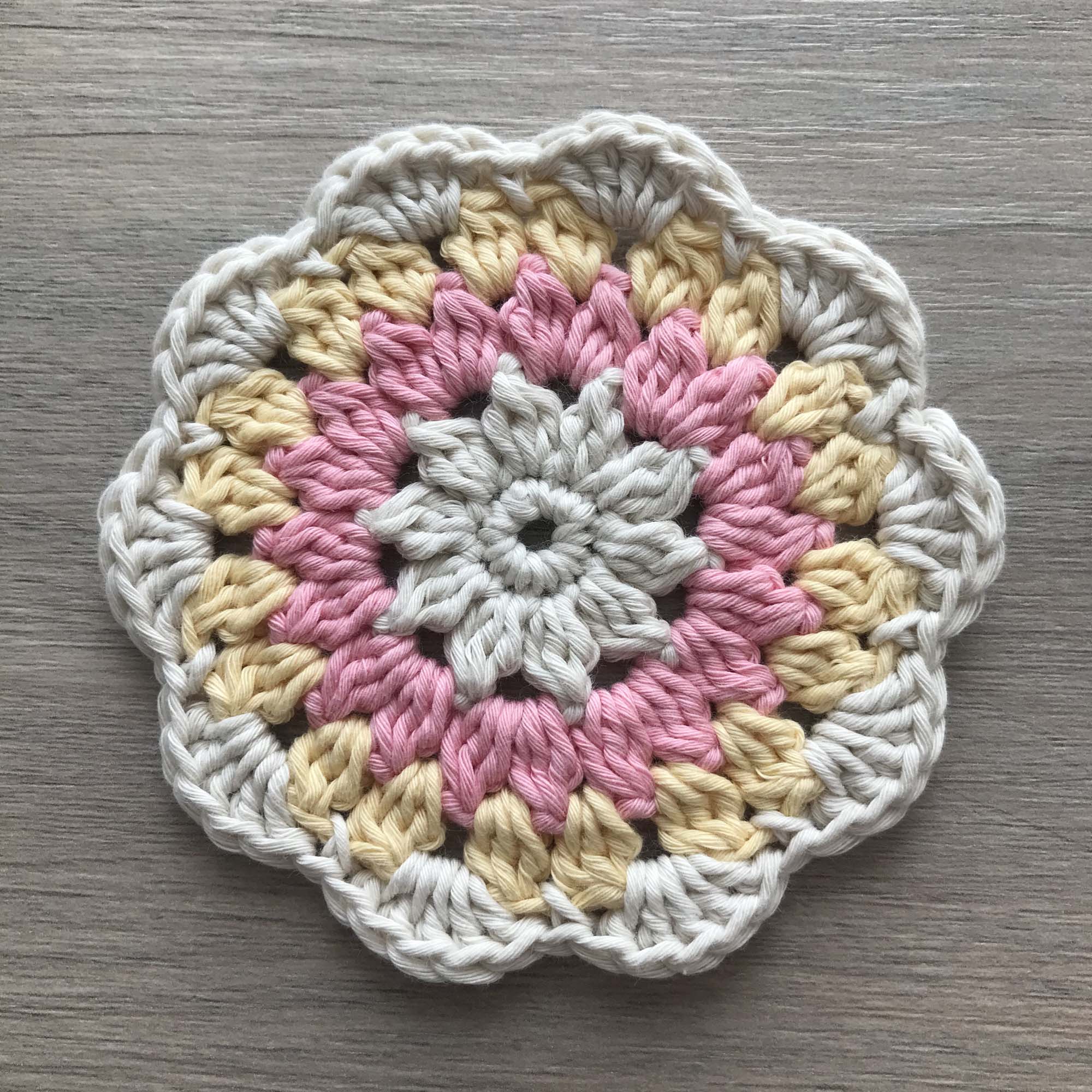 100% Organic Cotton Crochet Coaster - Cream, Pink, Yellow & Cream