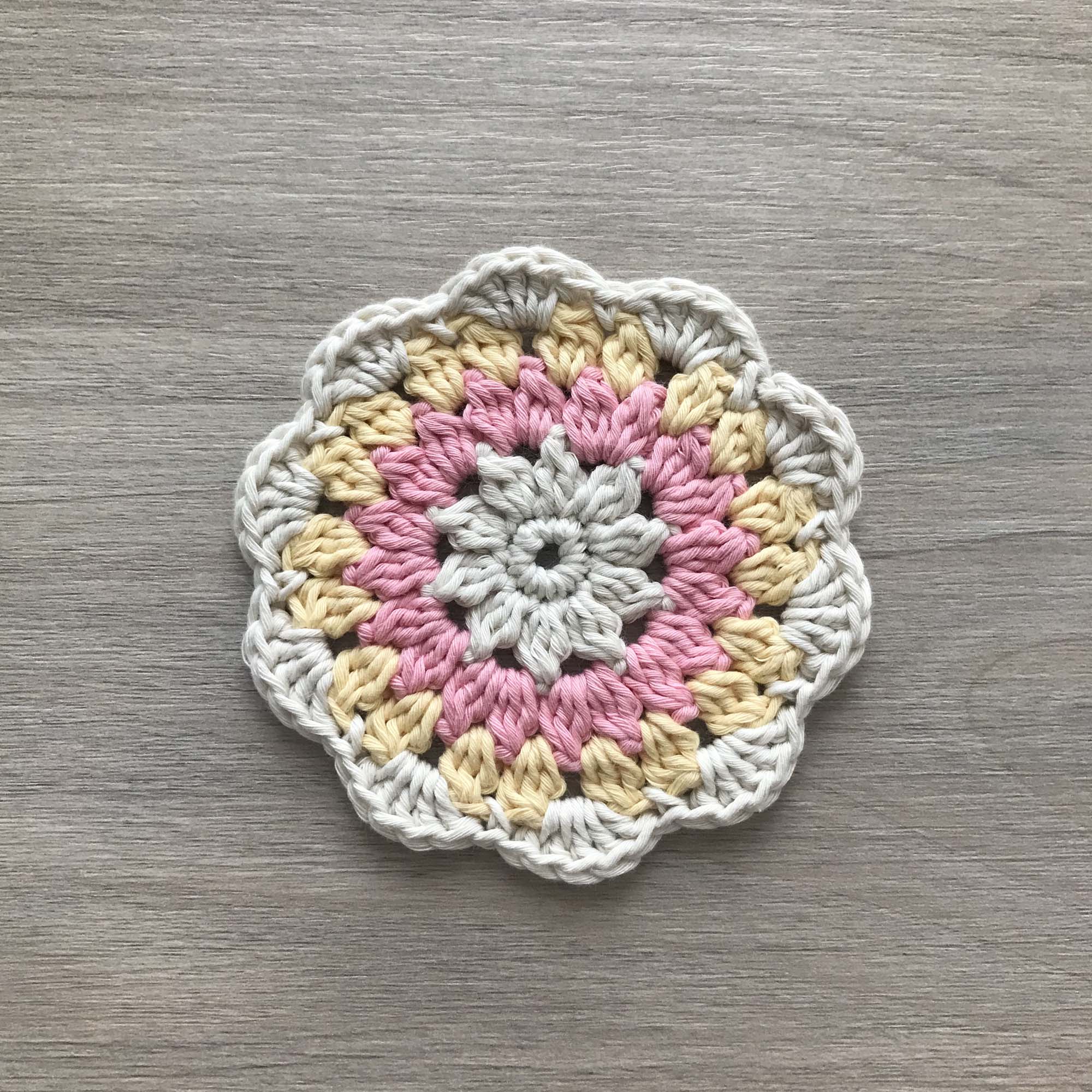 100% Organic Cotton Crochet Coaster - Cream, Pink, Yellow & Cream