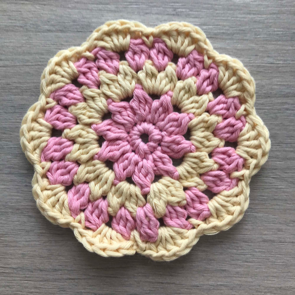 100% Organic Cotton Crochet Coaster - Pink, Yellow, Pink & Yellow