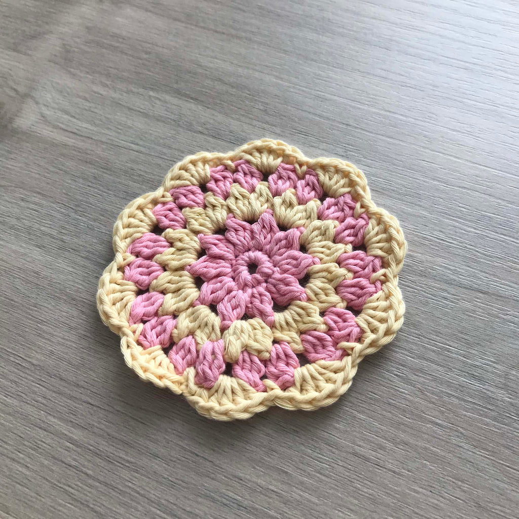 100% Organic Cotton Crochet Coaster - Pink, Yellow, Pink & Yellow