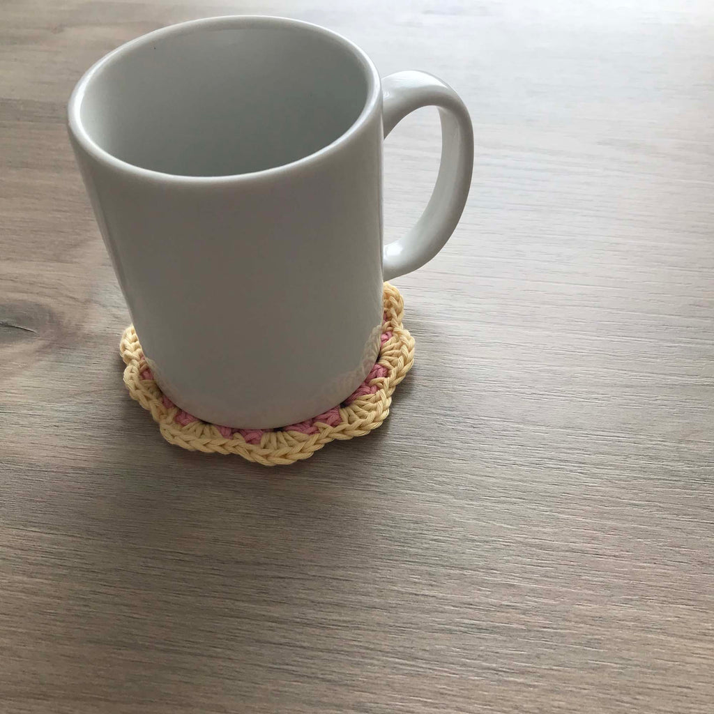 100% Organic Cotton Crochet Coaster - Pink, Yellow, Pink & Yellow