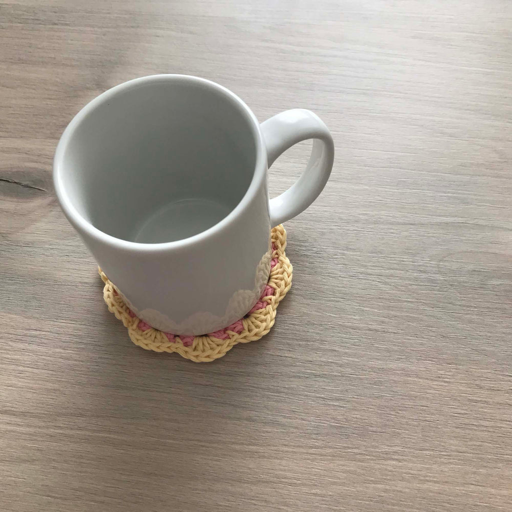 100% Organic Cotton Crochet Coaster - Pink, Yellow, Pink & Yellow