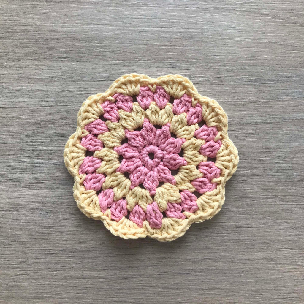 100% Organic Cotton Crochet Coaster - Pink, Yellow, Pink & Yellow