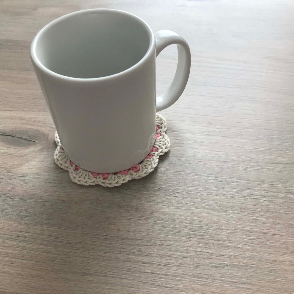 100% Organic Cotton Crochet Coaster - Pink, Cream, Pink & Cream