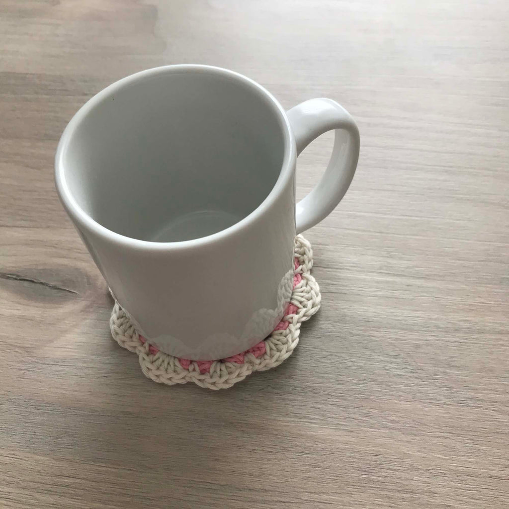 100% Organic Cotton Crochet Coaster - Pink, Cream, Pink & Cream