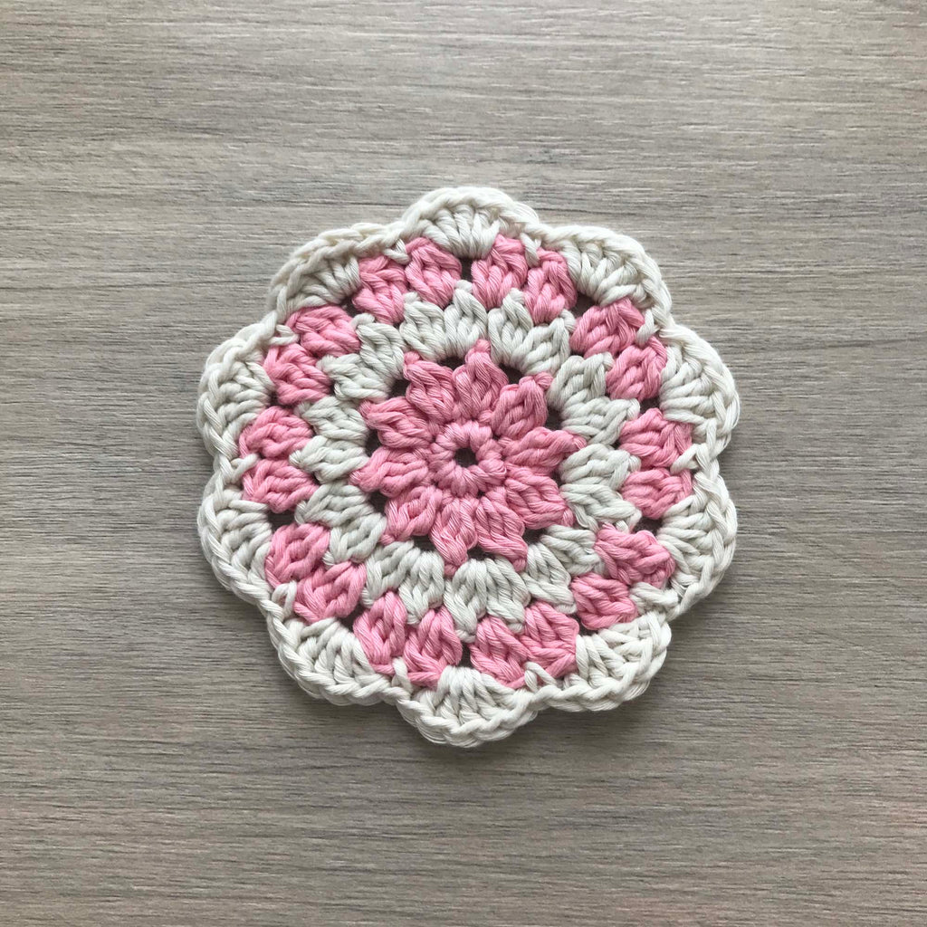 100% Organic Cotton Crochet Coaster - Pink, Cream, Pink & Cream
