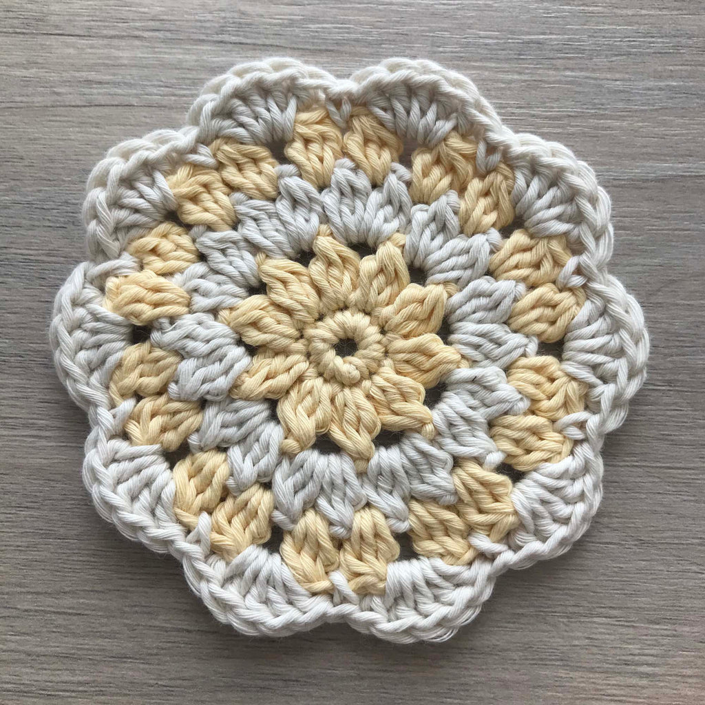 100% Organic Cotton Crochet Coaster - Yellow, Cream, Yellow & Cream