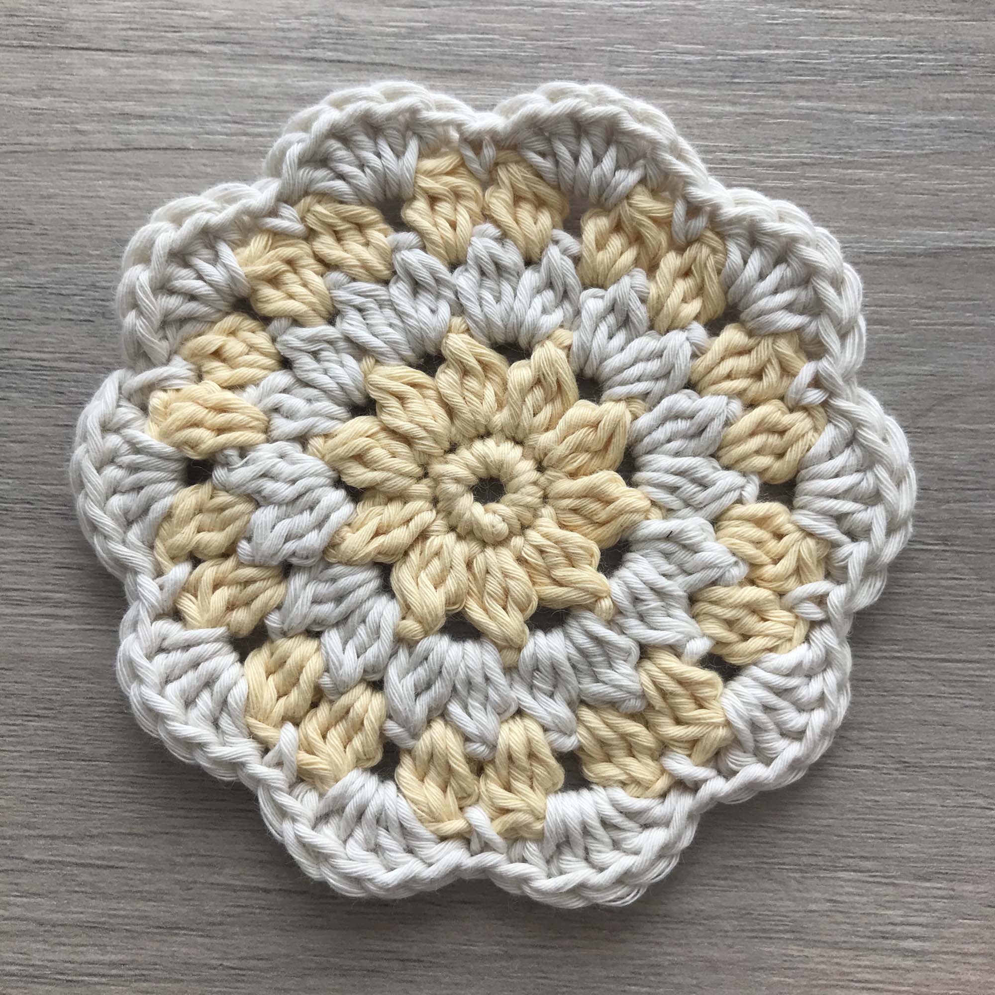 100% Organic Cotton Crochet Coaster - Yellow, Cream, Yellow & Cream