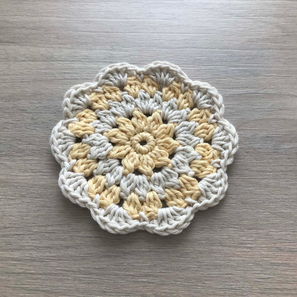 100% Organic Cotton Crochet Coaster - Yellow, Cream, Yellow & Cream