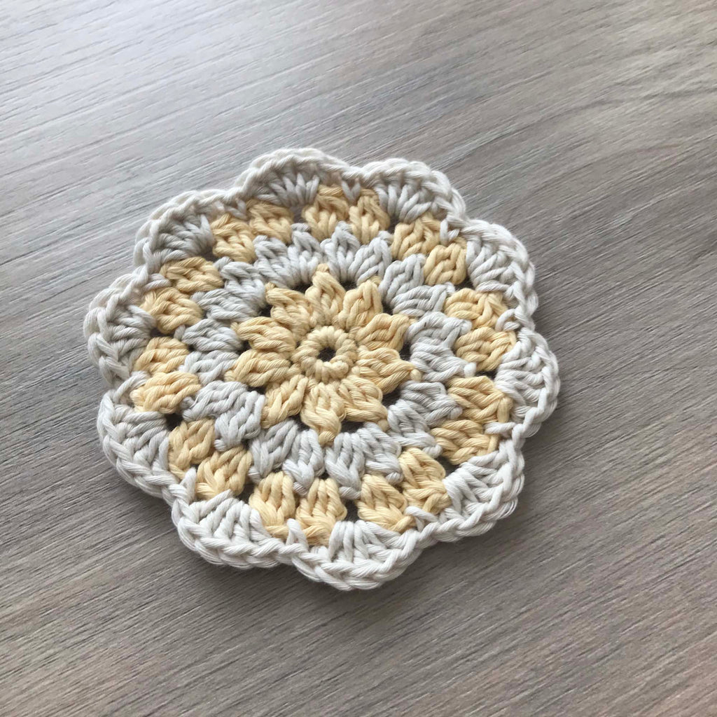 100% Organic Cotton Crochet Coaster - Yellow, Cream, Yellow & Cream