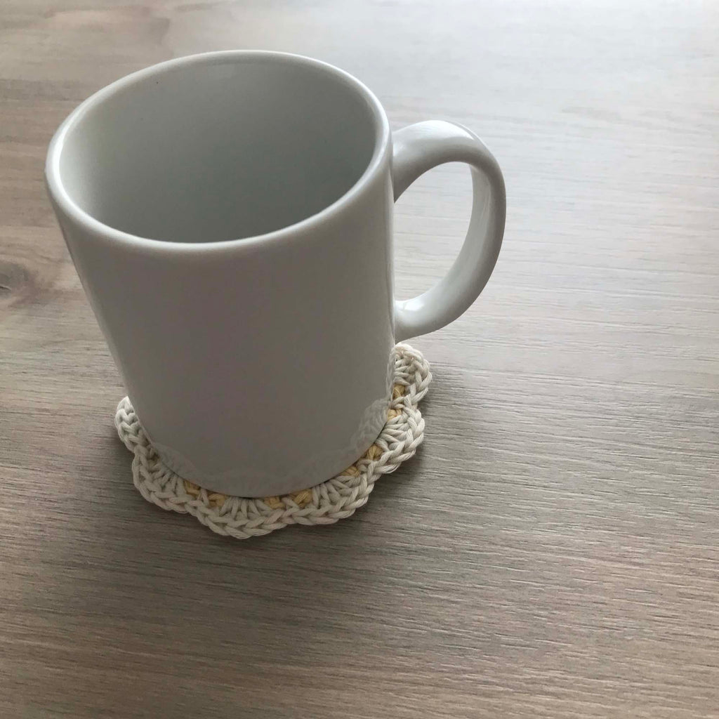 100% Organic Cotton Crochet Coaster - Yellow, Cream, Yellow & Cream