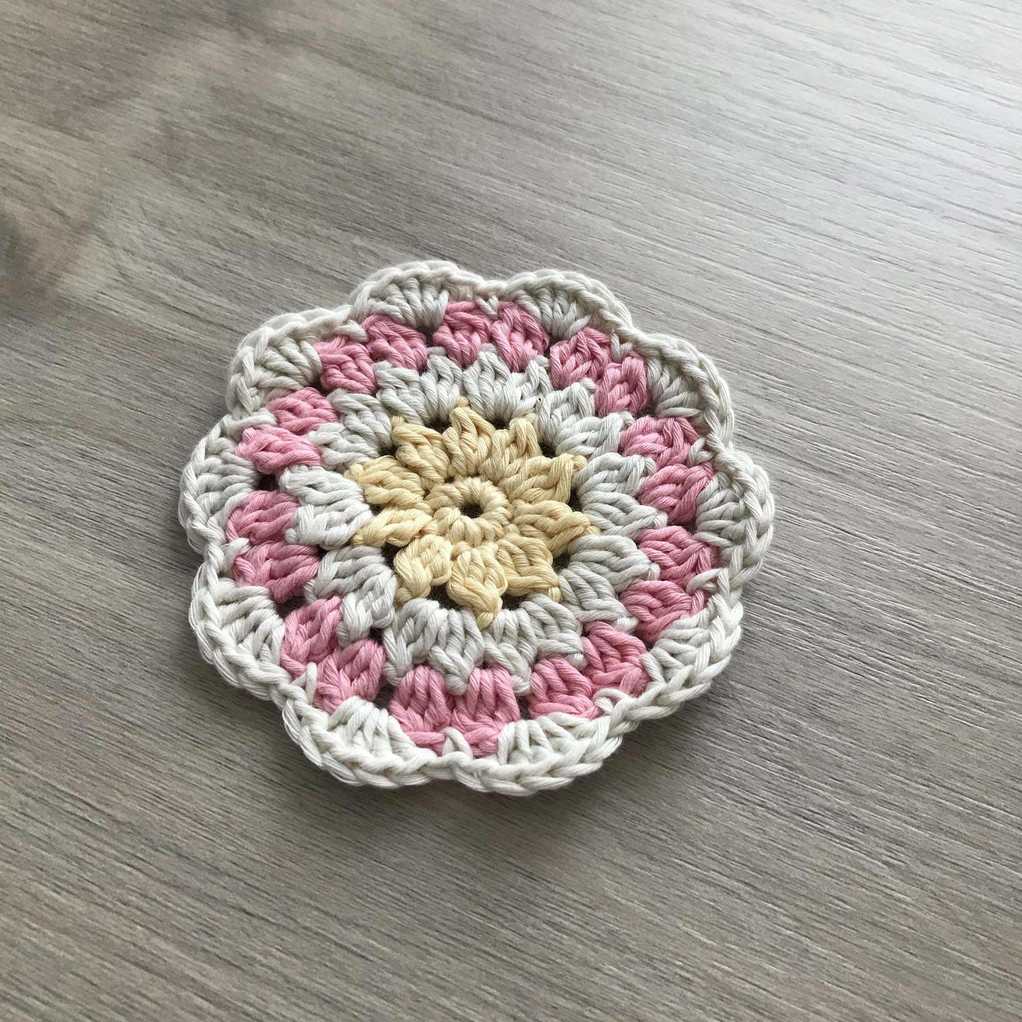 100% Organic Cotton Crochet Coaster - Yellow, Cream, Pink & Cream