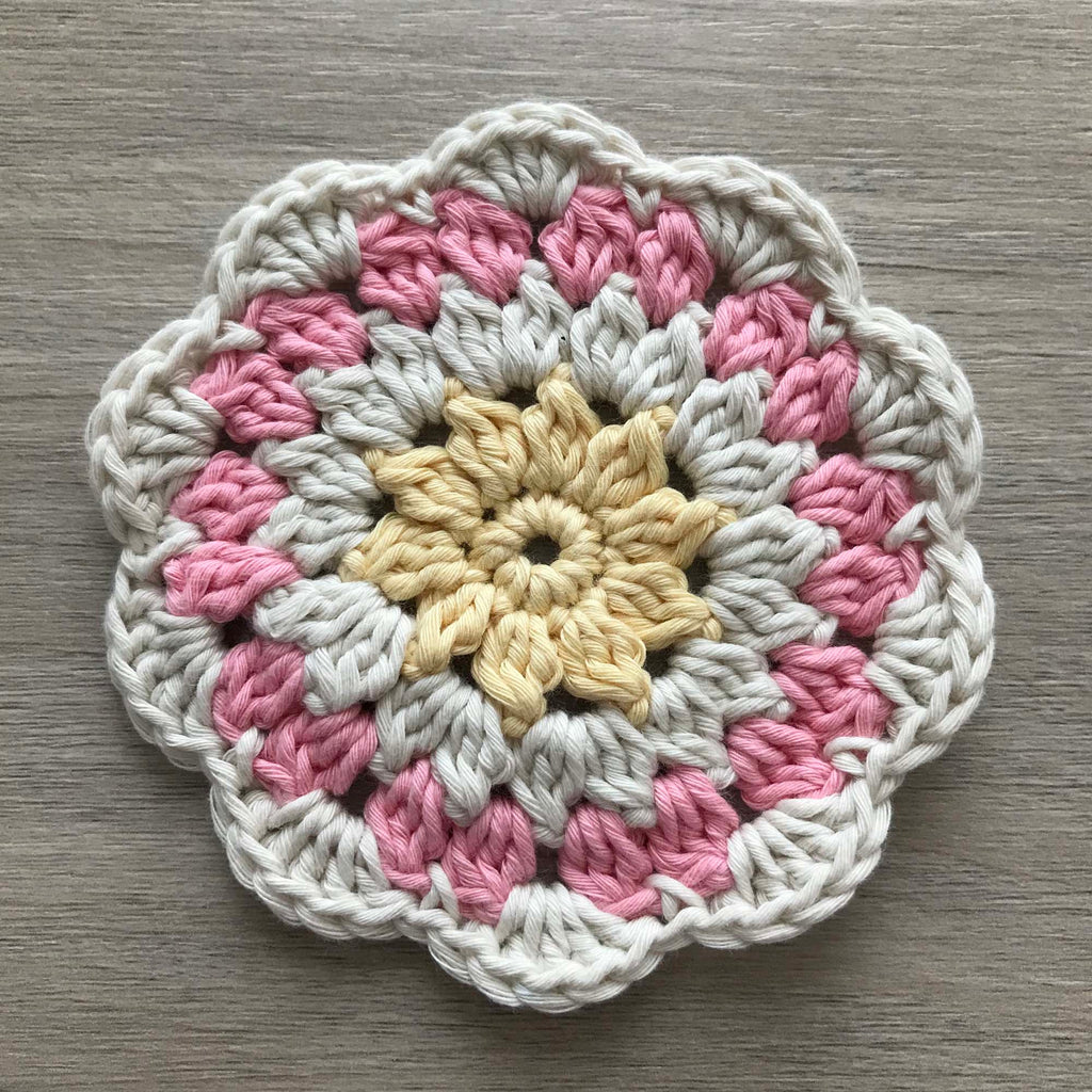 100% Organic Cotton Crochet Coaster - Yellow, Cream, Pink & Cream