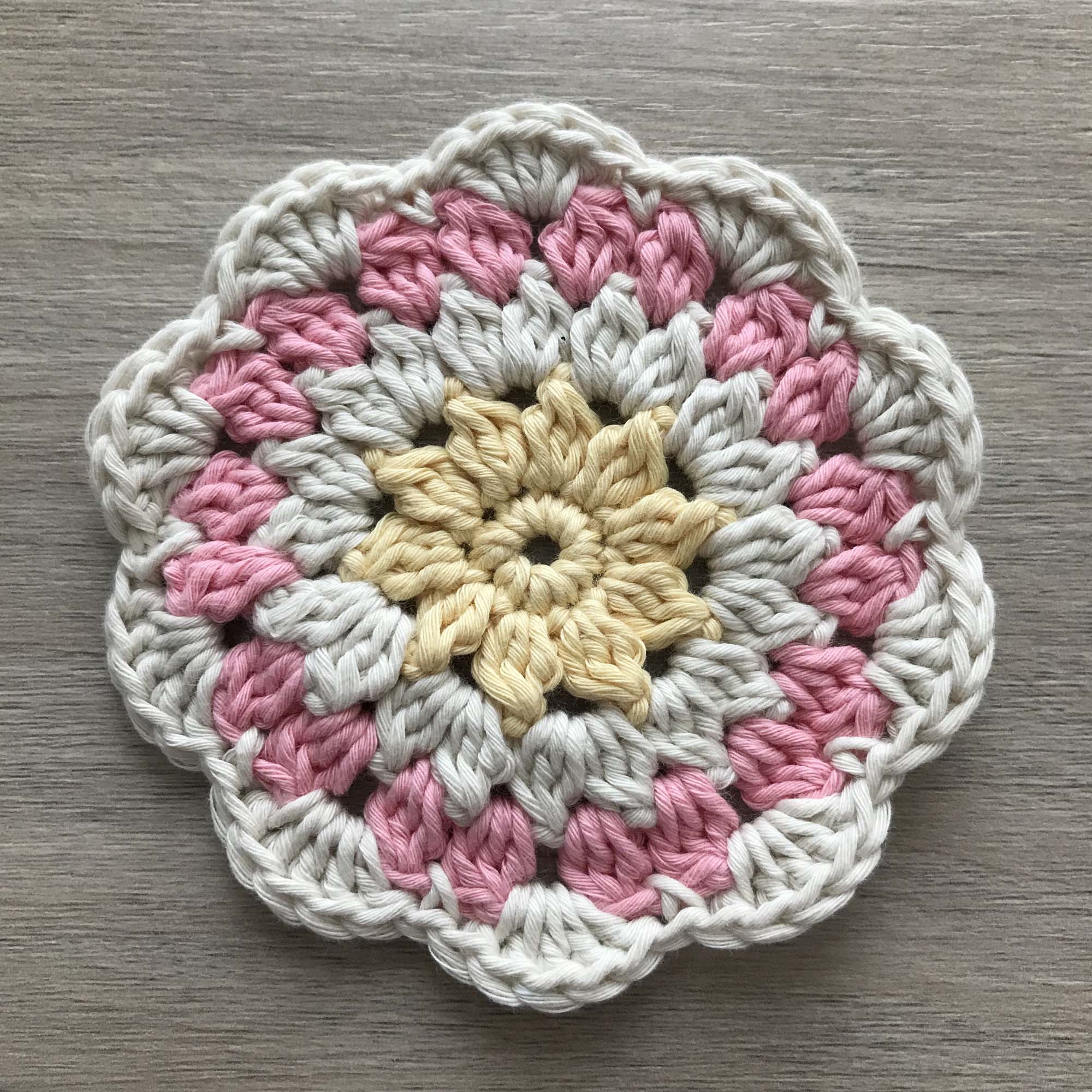 100% Organic Cotton Crochet Coaster - Yellow, Cream, Pink & Cream