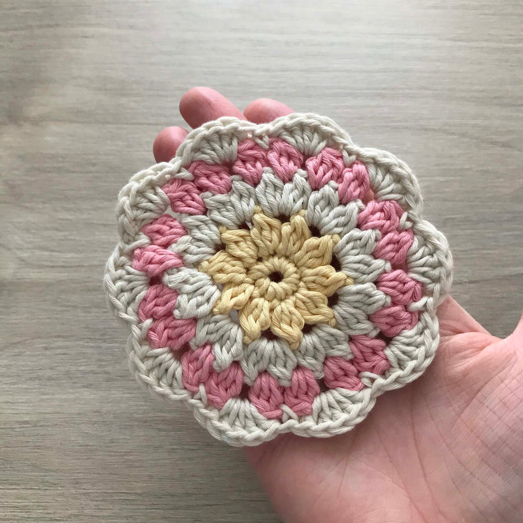 100% Organic Cotton Crochet Coaster - Yellow, Cream, Pink & Cream