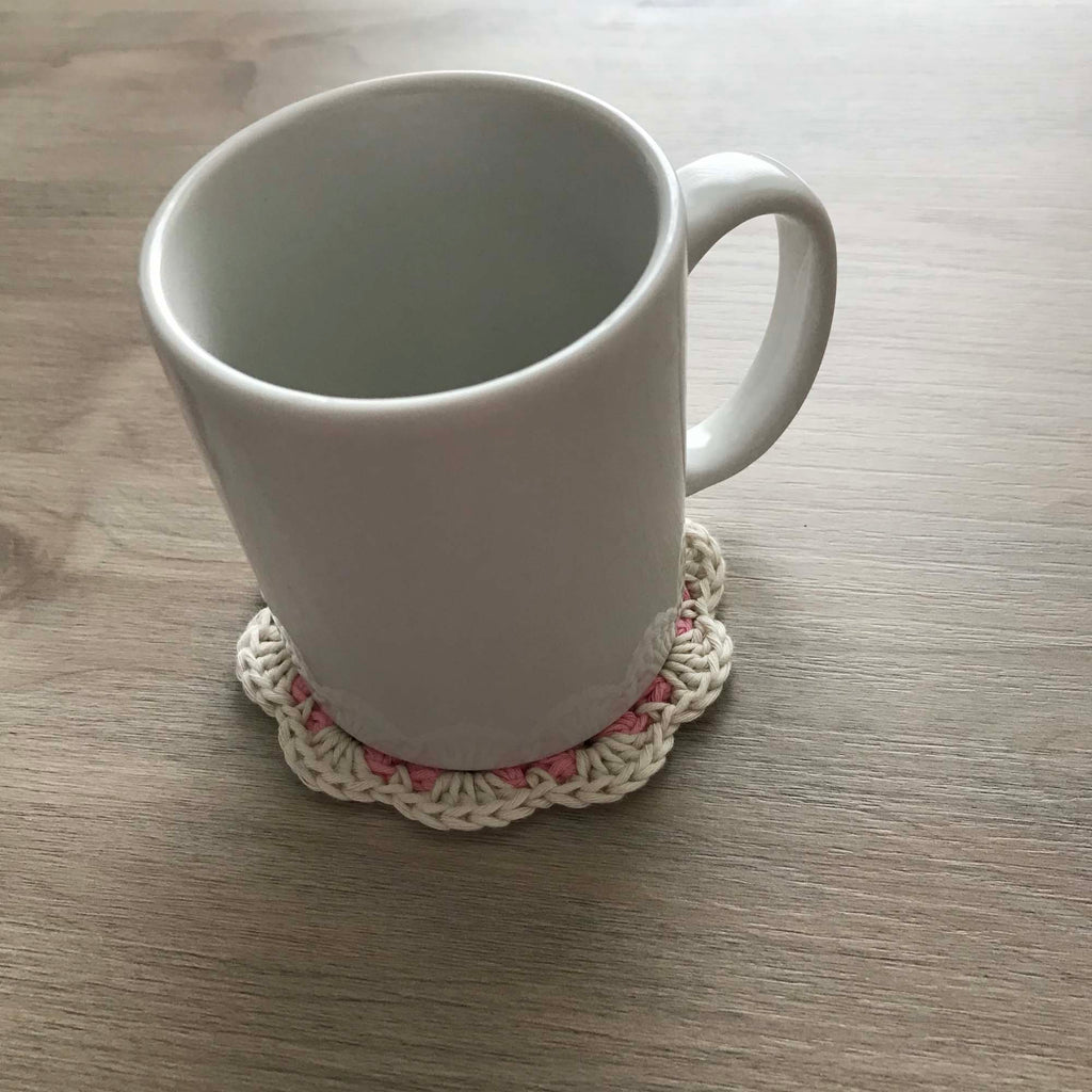 100% Organic Cotton Crochet Coaster - Yellow, Cream, Pink & Cream