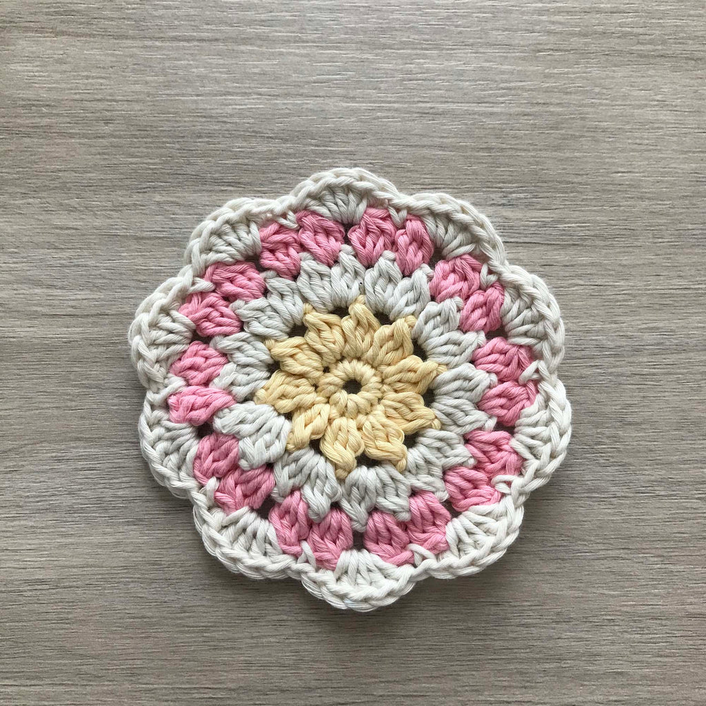 100% Organic Cotton Crochet Coaster - Yellow, Cream, Pink & Cream