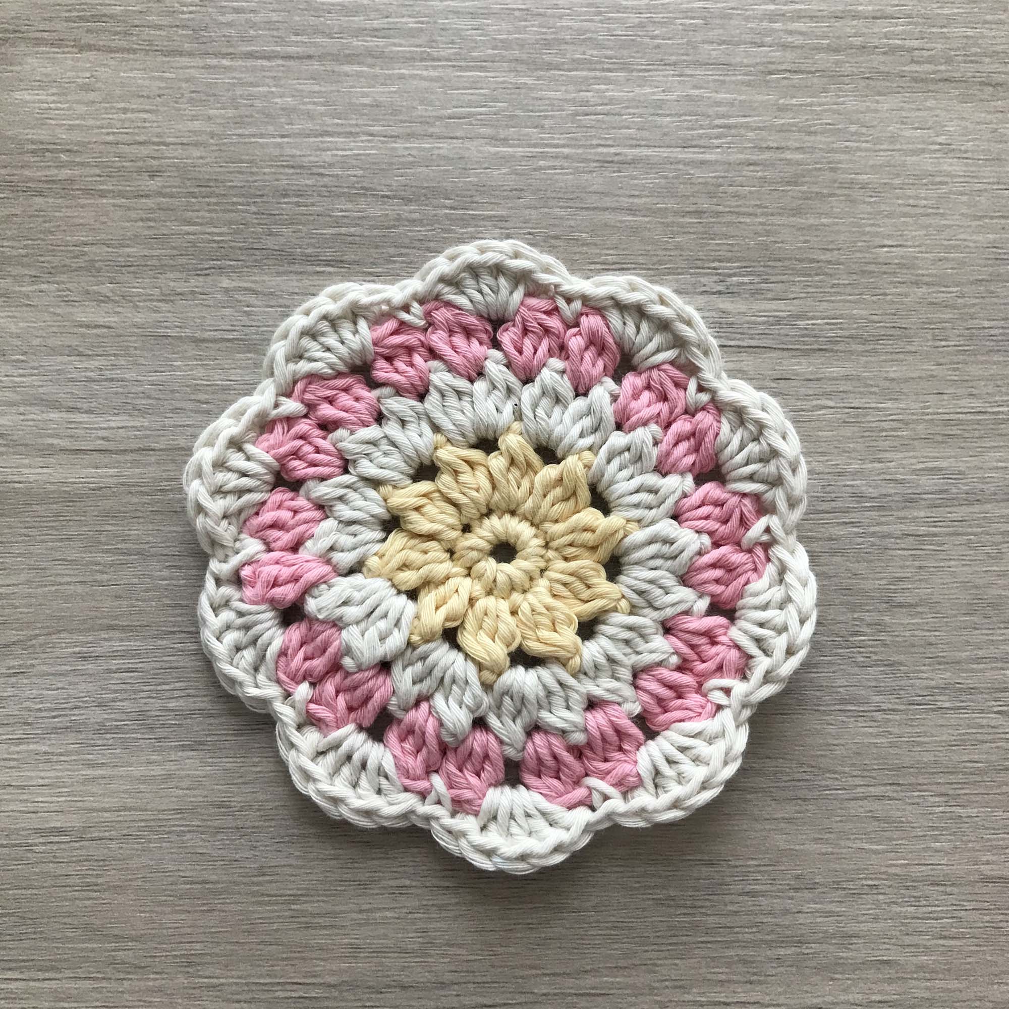 100% Organic Cotton Crochet Coaster - Yellow, Cream, Pink & Cream