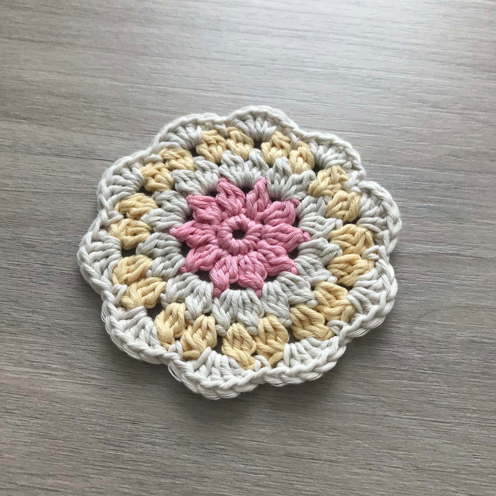 100% Organic Cotton Crochet Coaster - Pink, Cream, Yellow & Cream