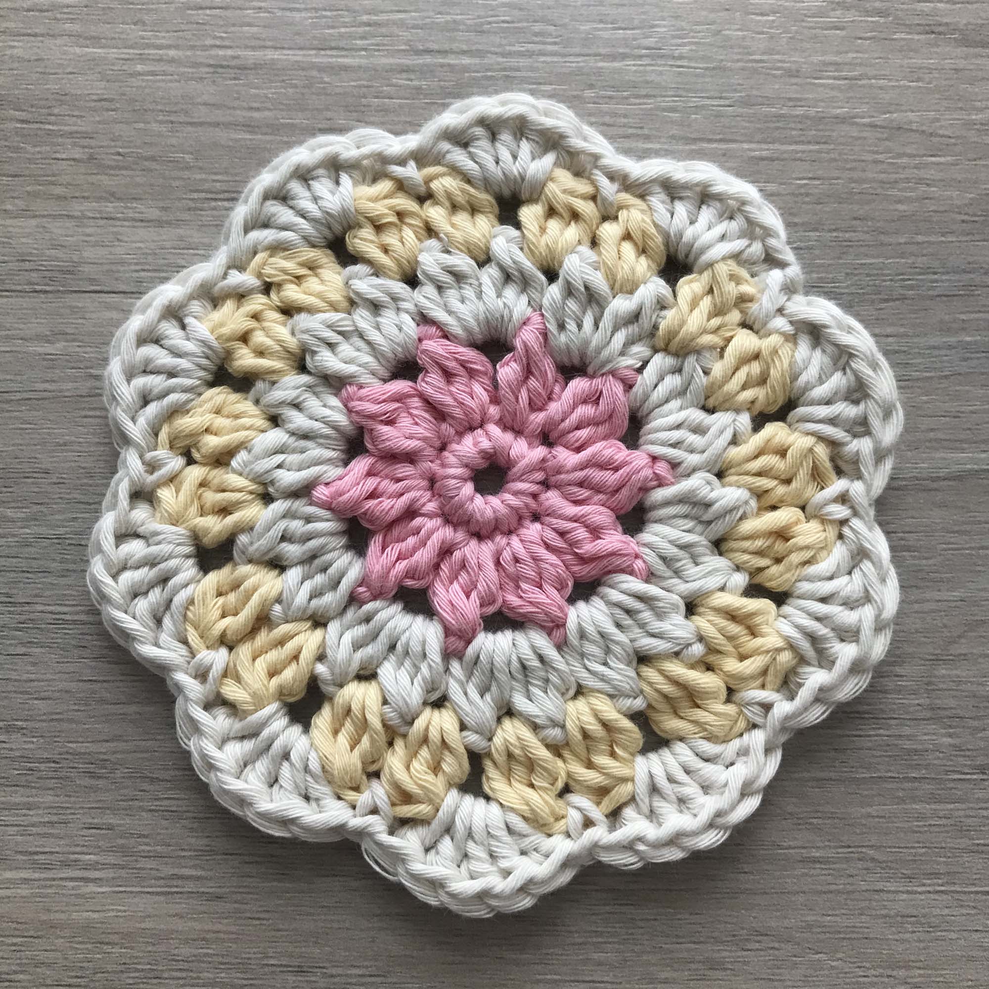 100% Organic Cotton Crochet Coaster - Pink, Cream, Yellow & Cream