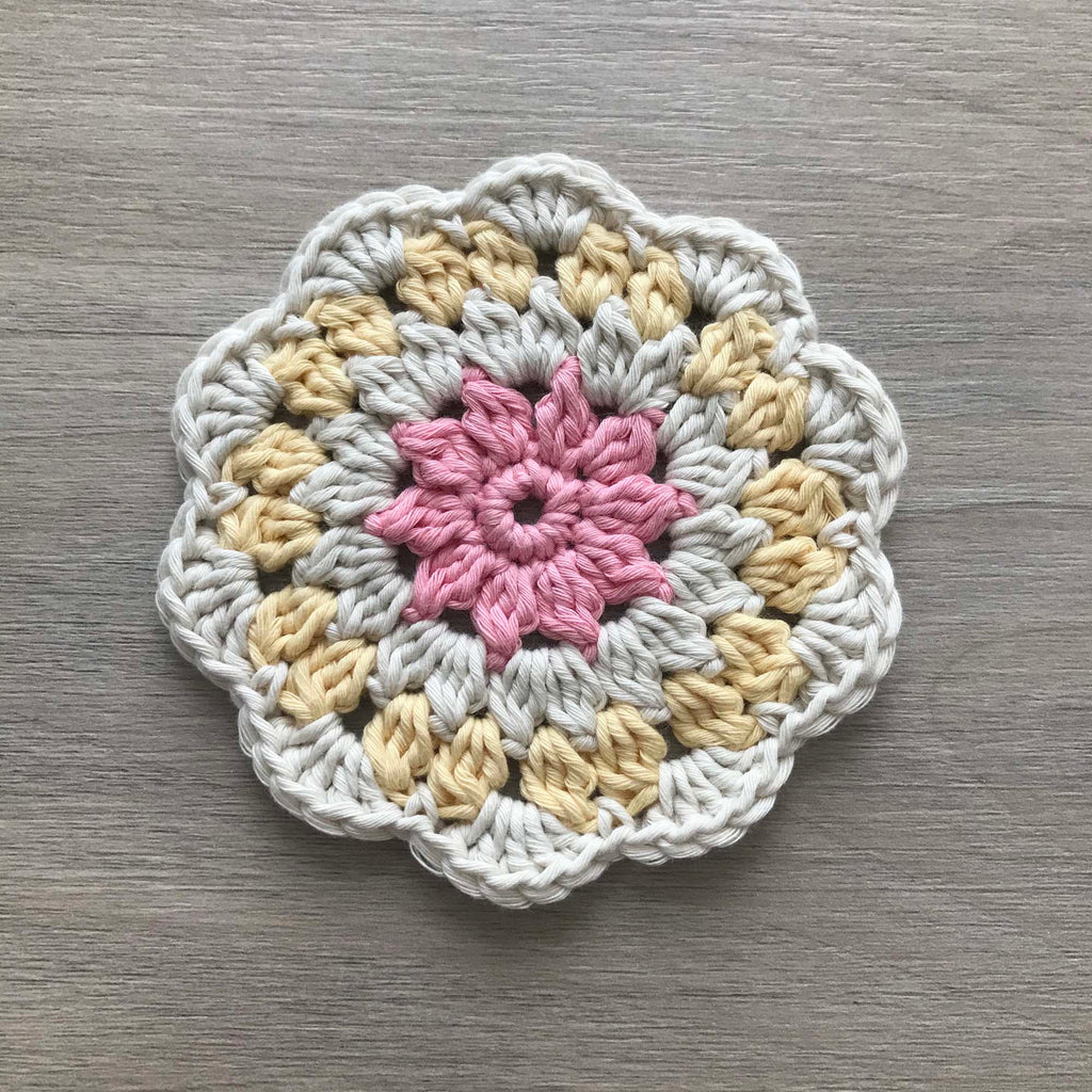 100% Organic Cotton Crochet Coaster - Pink, Cream, Yellow & Cream