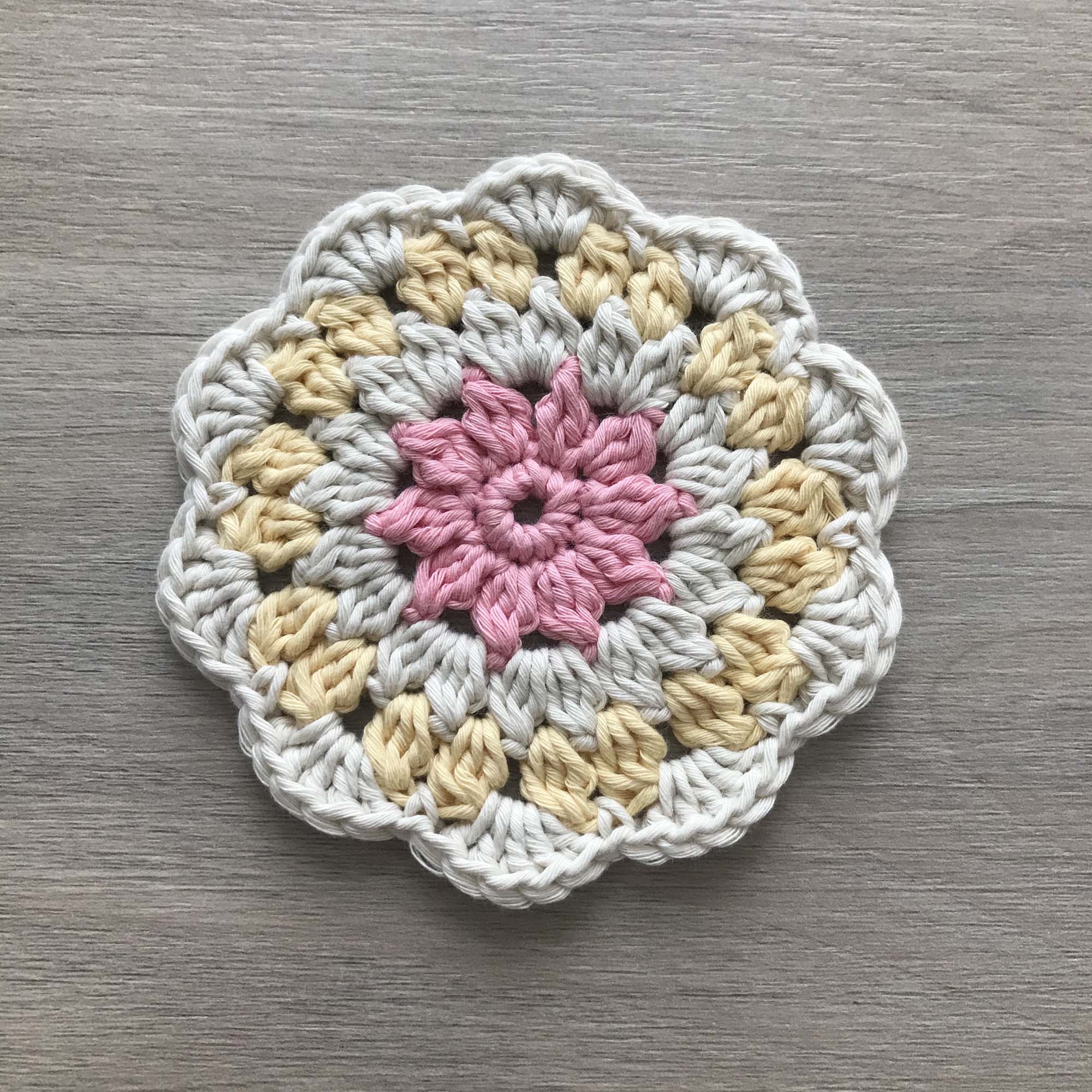 100% Organic Cotton Crochet Coaster - Pink, Cream, Yellow & Cream