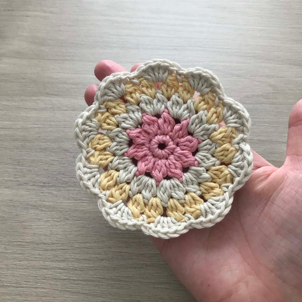 100% Organic Cotton Crochet Coaster - Pink, Cream, Yellow & Cream