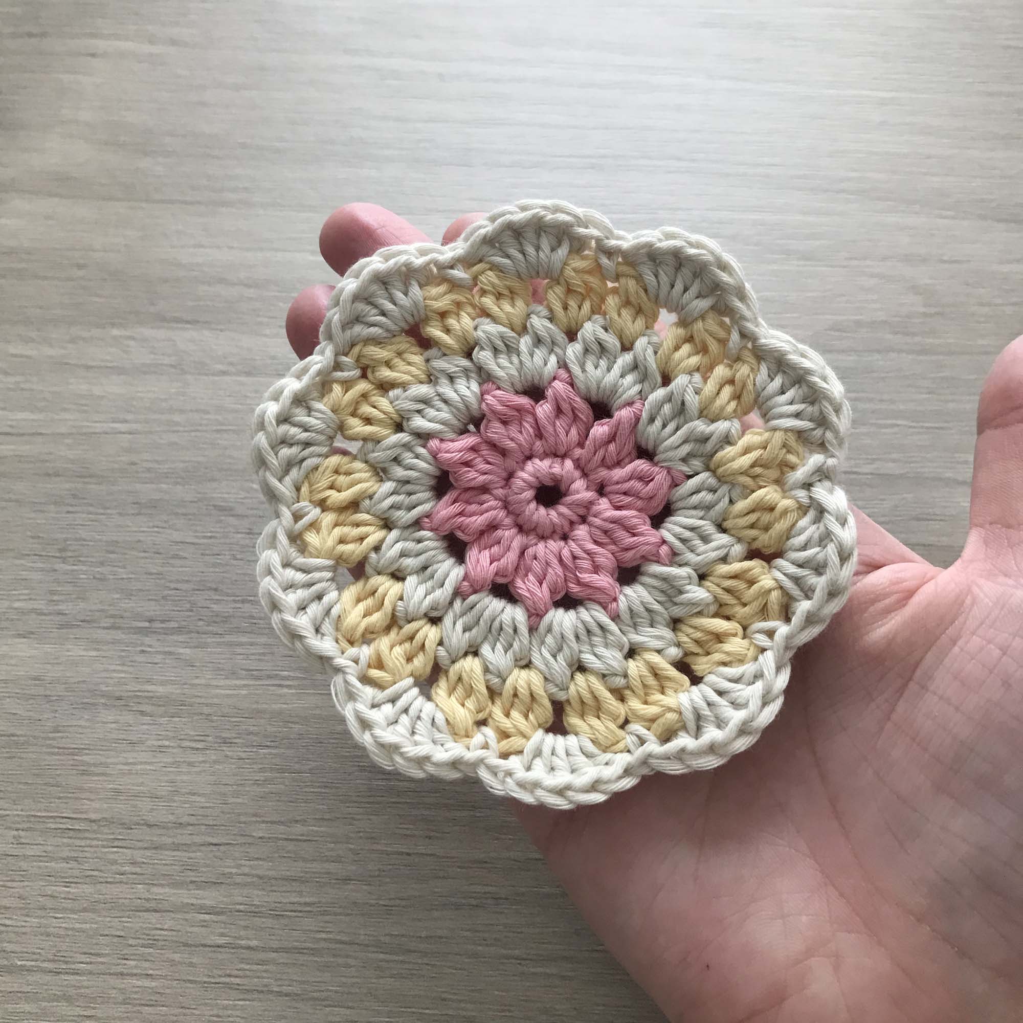 100% Organic Cotton Crochet Coaster - Pink, Cream, Yellow & Cream