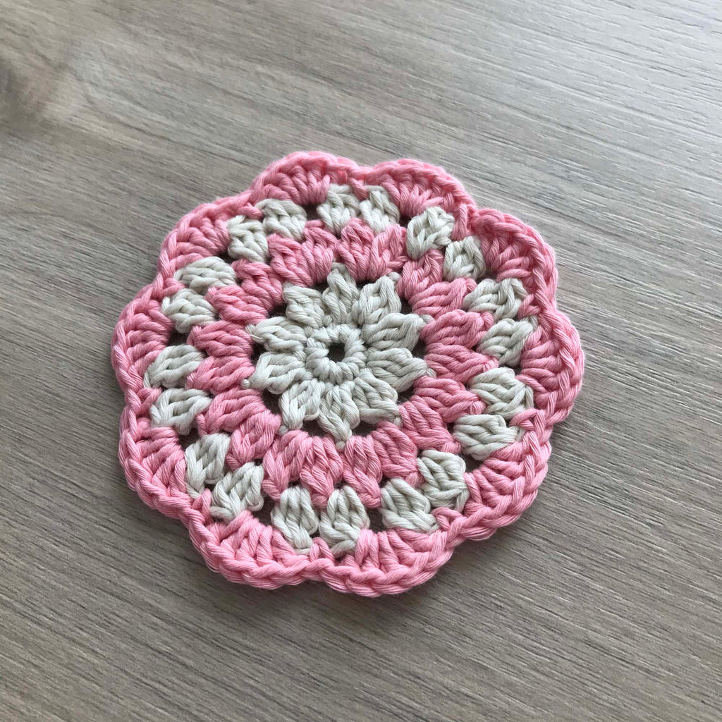 100% Organic Cotton Crochet Coaster - Cream, Pink, Cream & Pink
