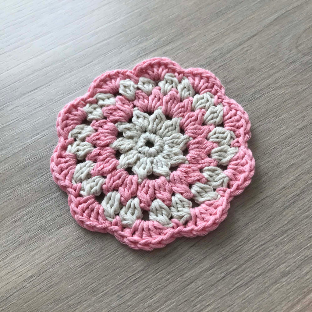 100% Organic Cotton Crochet Coaster - Cream, Pink, Cream & Pink