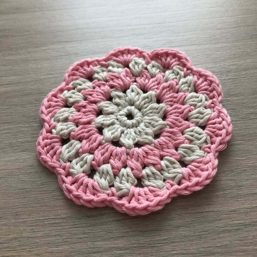 100% Organic Cotton Crochet Coaster - Cream, Pink, Cream & Pink