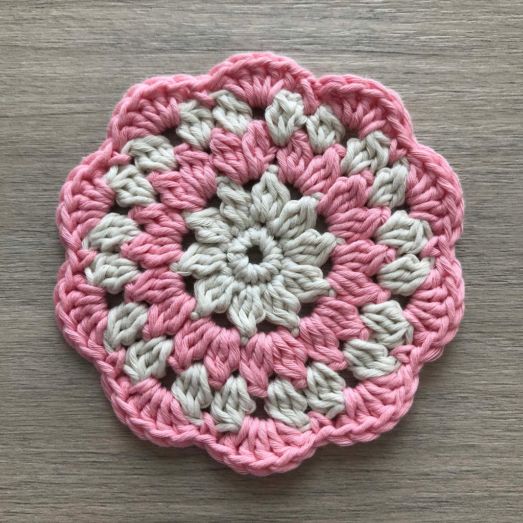 100% Organic Cotton Crochet Coaster - Cream, Pink, Cream & Pink