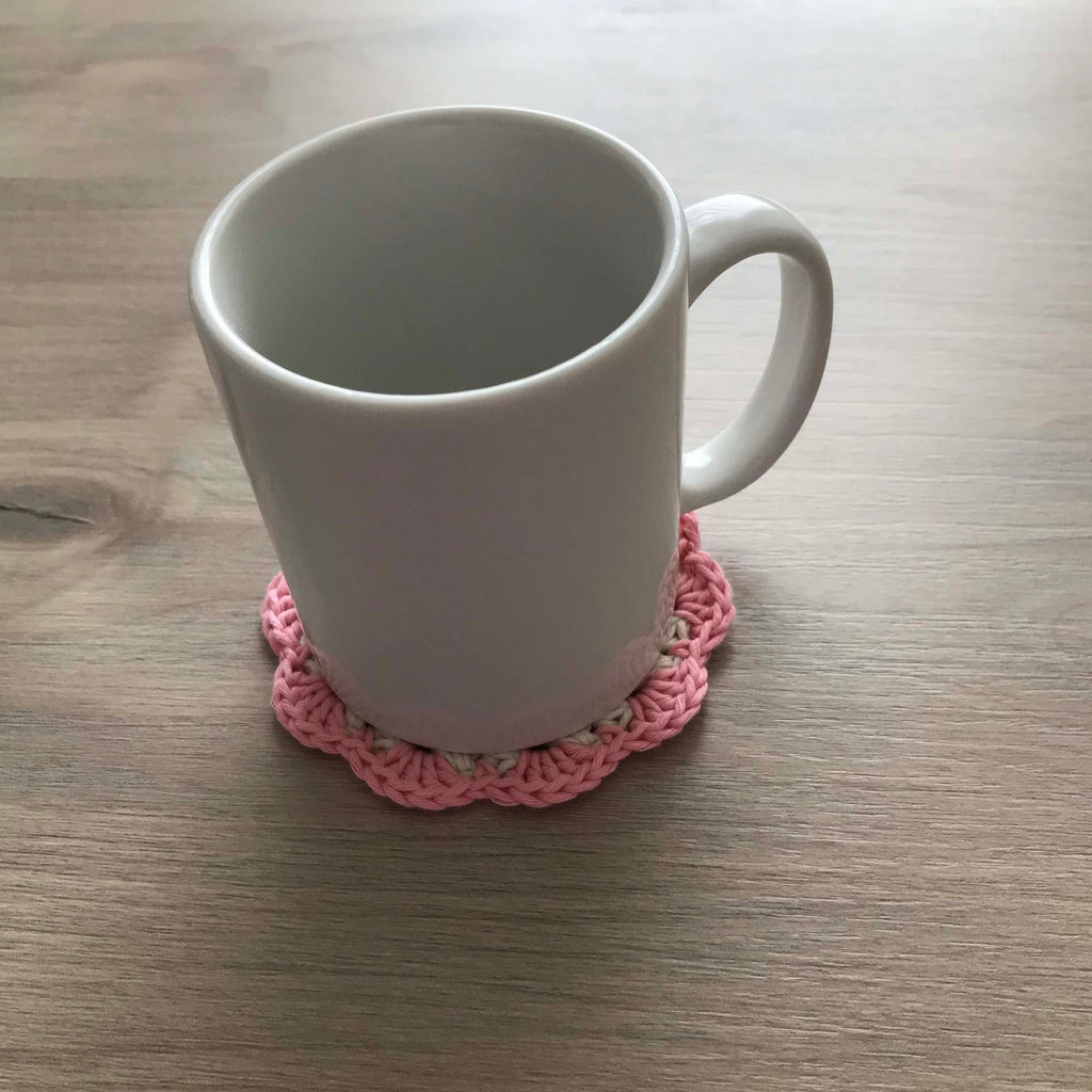 100% Organic Cotton Crochet Coaster - Cream, Pink, Cream & Pink
