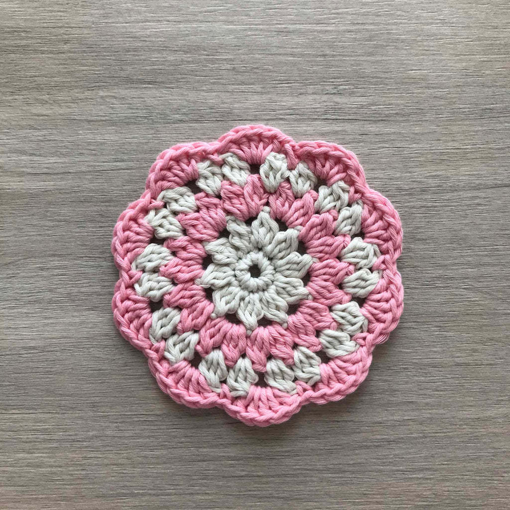 100% Organic Cotton Crochet Coaster - Cream, Pink, Cream & Pink