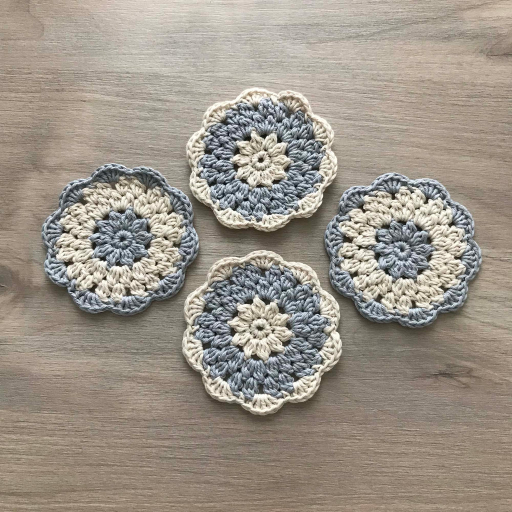 100% Organic Cotton Grey and Cream Crochet Coaster - Set of 4