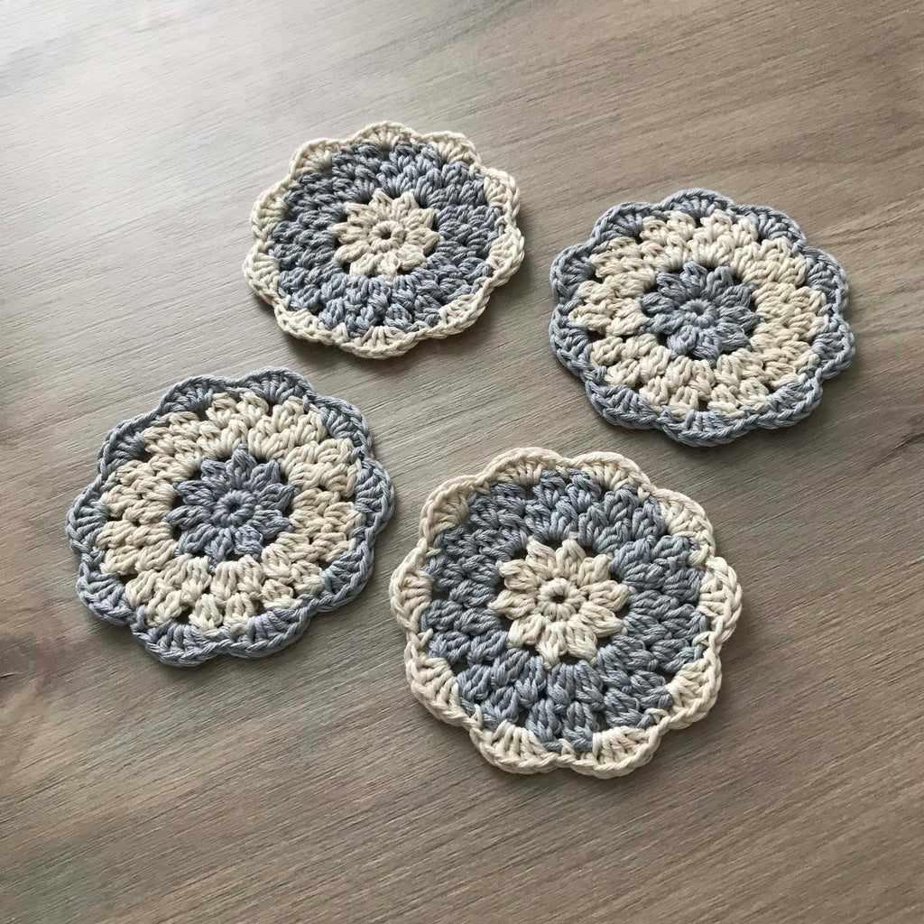 100% Organic Cotton Grey and Cream Crochet Coaster - Set of 4