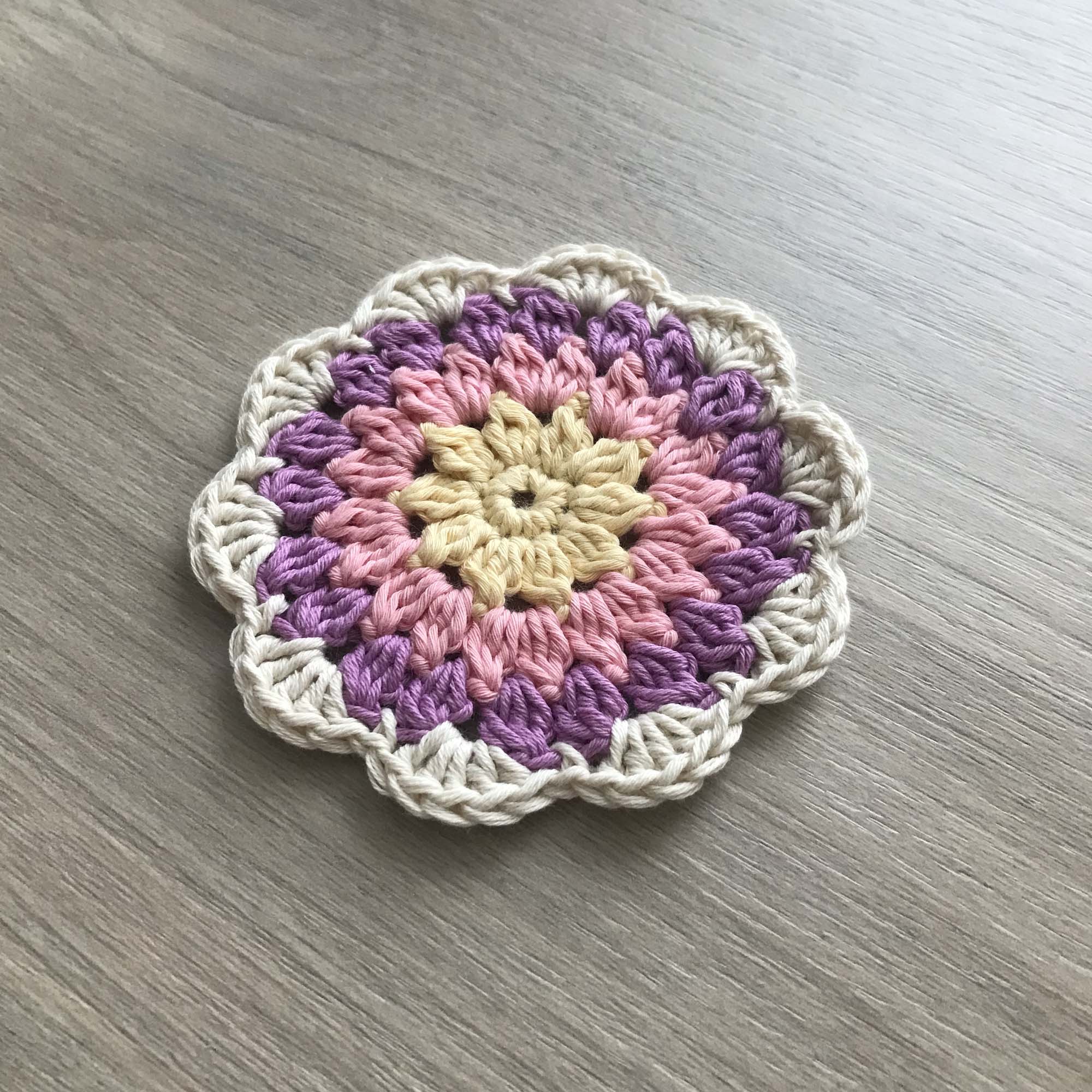 100% Organic Cotton Crochet Coaster - Yellow, Pink, Purple & Cream