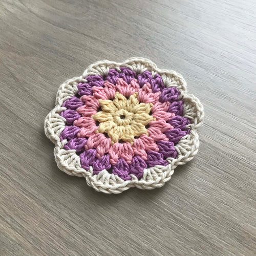 100% Organic Cotton Crochet Coaster - Yellow, Pink, Purple & Cream