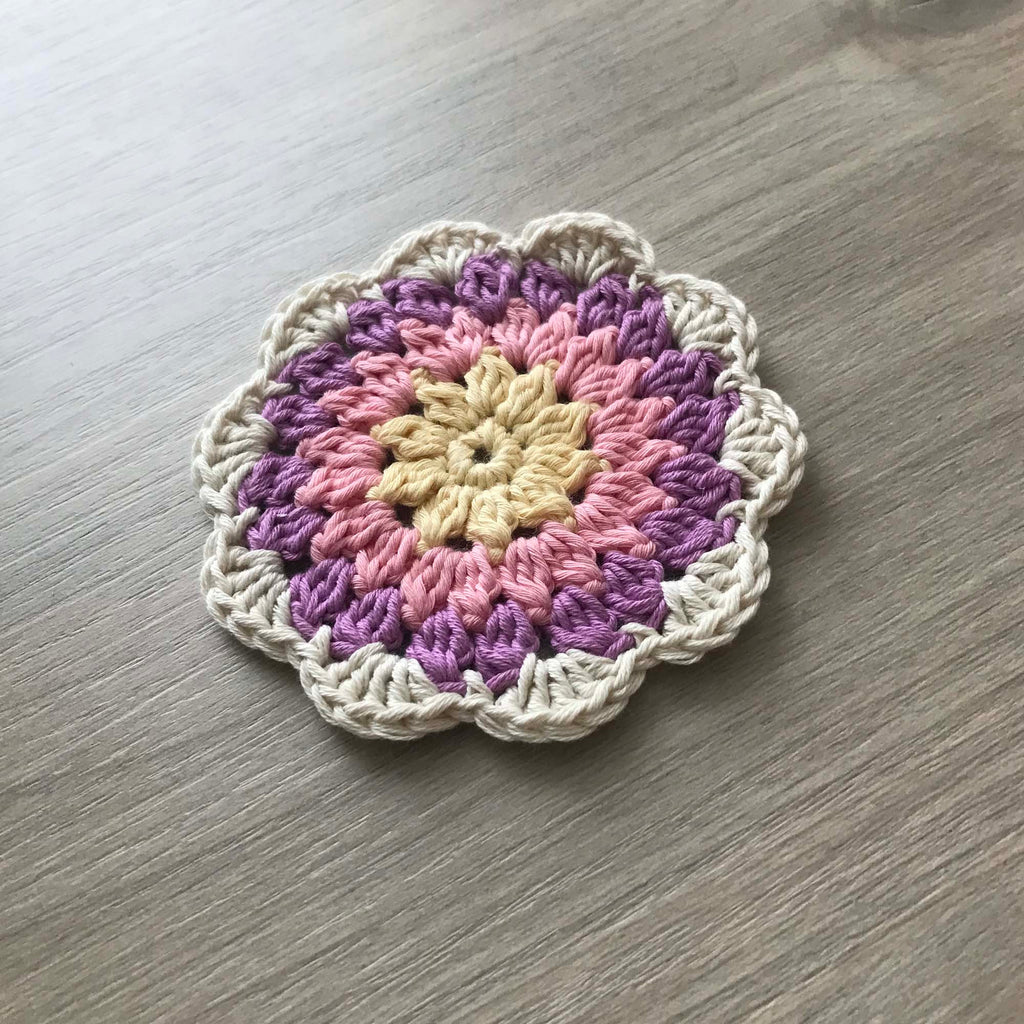 100% Organic Cotton Crochet Coaster - Yellow, Pink, Purple & Cream